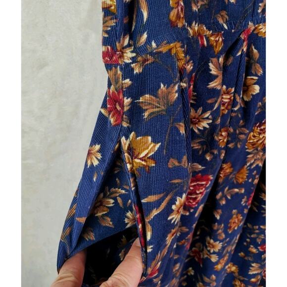 VTG 90's Capacity Jumper Dress Small Navy Blue Red Floral Midi Corduroy V Neck - Picture 5 of 9